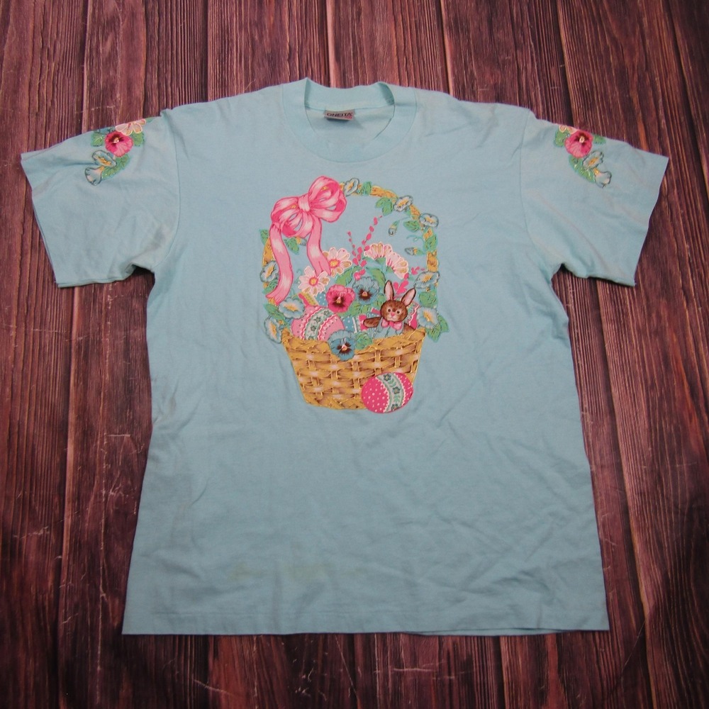 Vintage Oneita Womens XL Blue Easter Basket Bunny T Shirt Graphic USA Made 90s